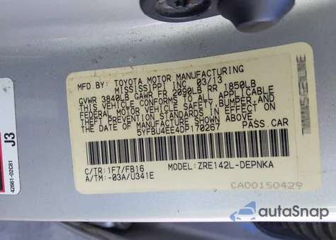 2013 Toyota Corolla Le z USA, uszkodzony, nr VIN 5YFBU4EE4DP170267